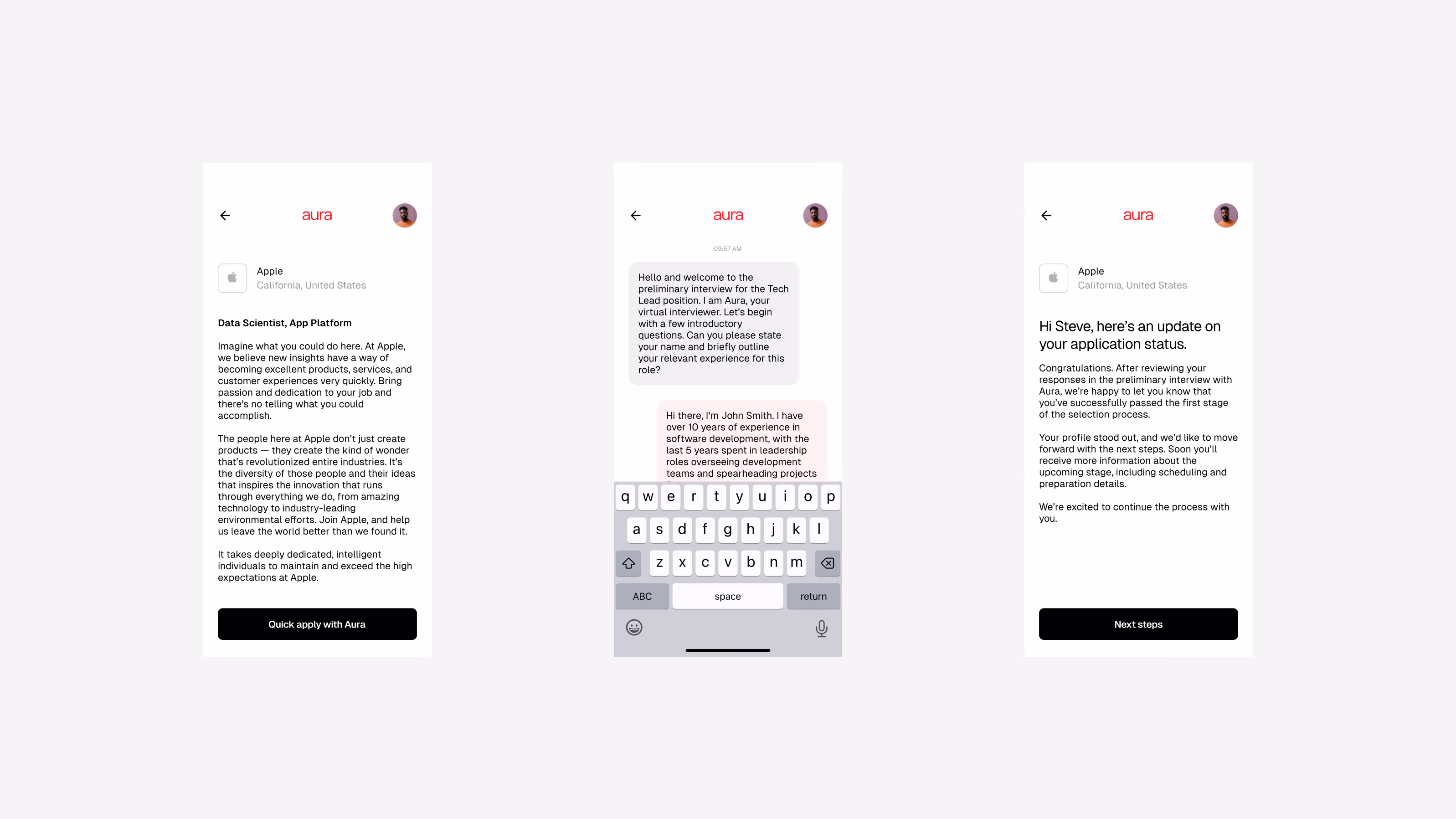 Aura — Three mobile screens of candidate experience: job listing, AI chatbot, status